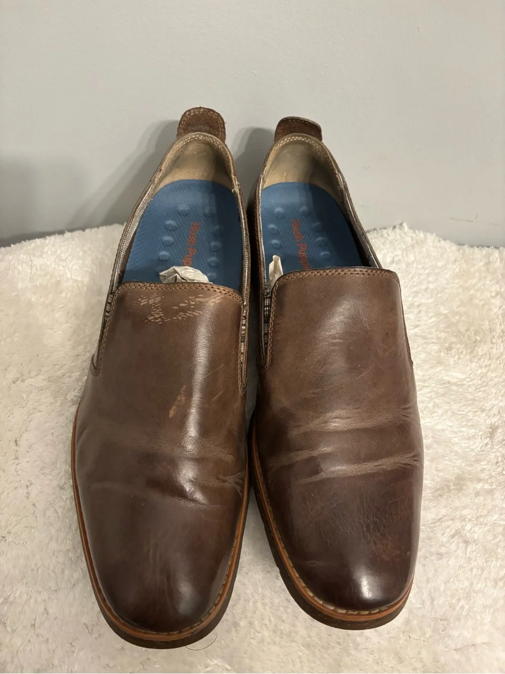 Hush Puppies Men's Brown Leather Slip-On Loafers with Blue Insoles